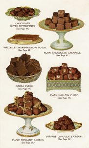 A collection of antique images of fudge, chocolate covered nuts, and more. 