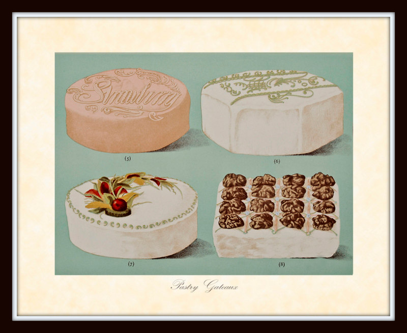 A vintage illustration plate featuring four gourmet desserts