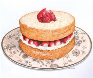 An antique illustration of a classic strawberry shortcake