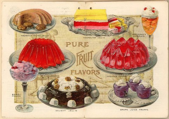 This antique jell-o dessert advertisement features classic gelatin  treats. 
