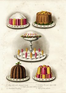 This vintage drawing features gelatin and pudding desserts