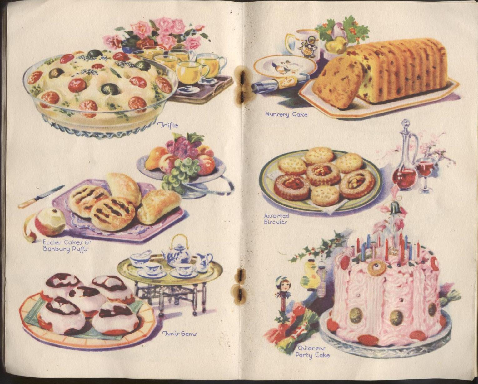 a collection of classic desserts from a vintage recipe book. 