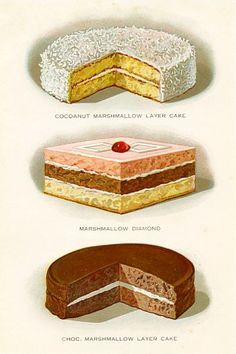 Three delicious vintage illustrations of layer cakes. 