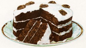 Vintage illustration of a dark cocoa layer cake with vanilla frosting