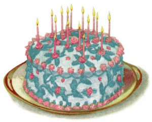 This free vintage illustration featuring a birthday cake with lovely blue lace icing