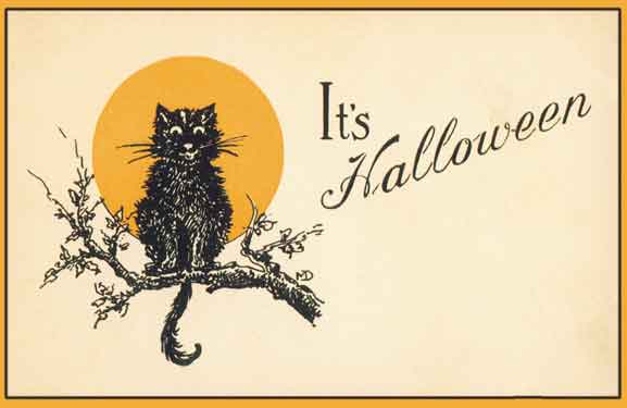 public domain vintage halloween black cat yellow moon
