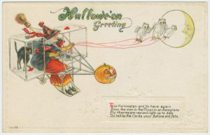 public domain vintage halloween card bizarre contraption and witch