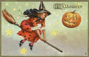 public domain vintage halloween witch flying with stars