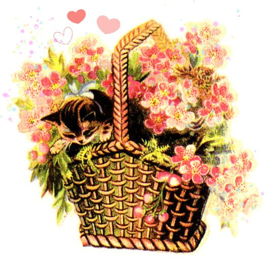vintage clipart of kitten in a basket of flowers with hearts