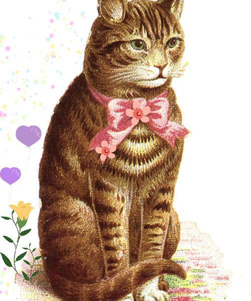 vintage clipart classic tabby cat with pink bow