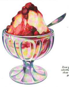 A free vintage advertisement of a strawberry ice cream sundae