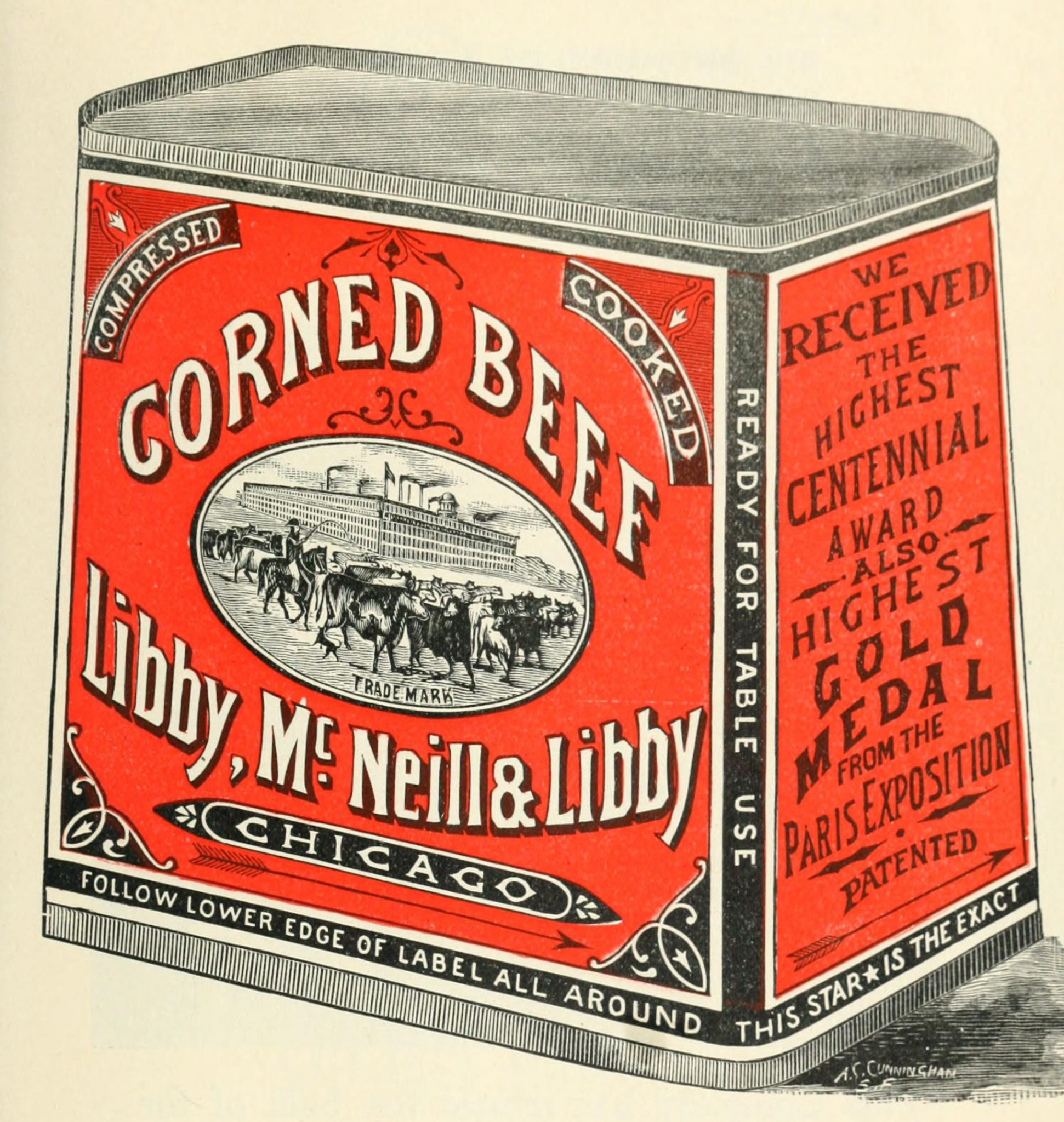 This is a free vintage color illustration of a can of corned beef