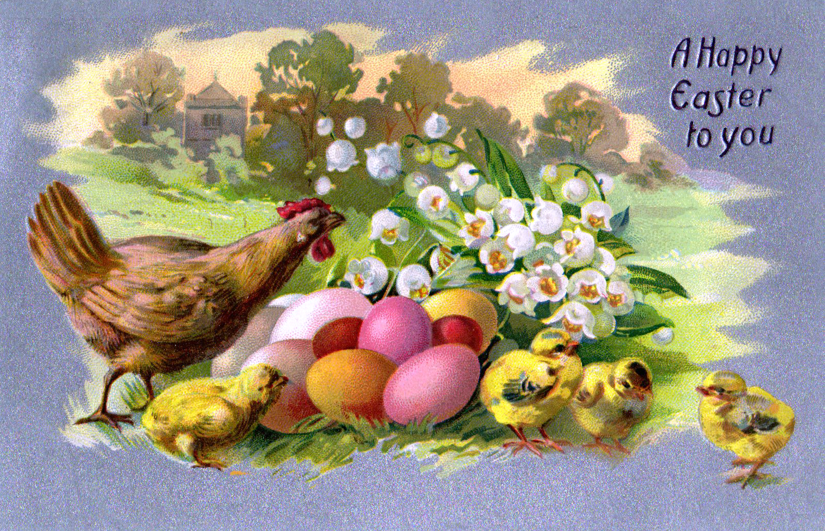 This is a free vintage illustration of a colorful Easter scene from an antique Easter postcard