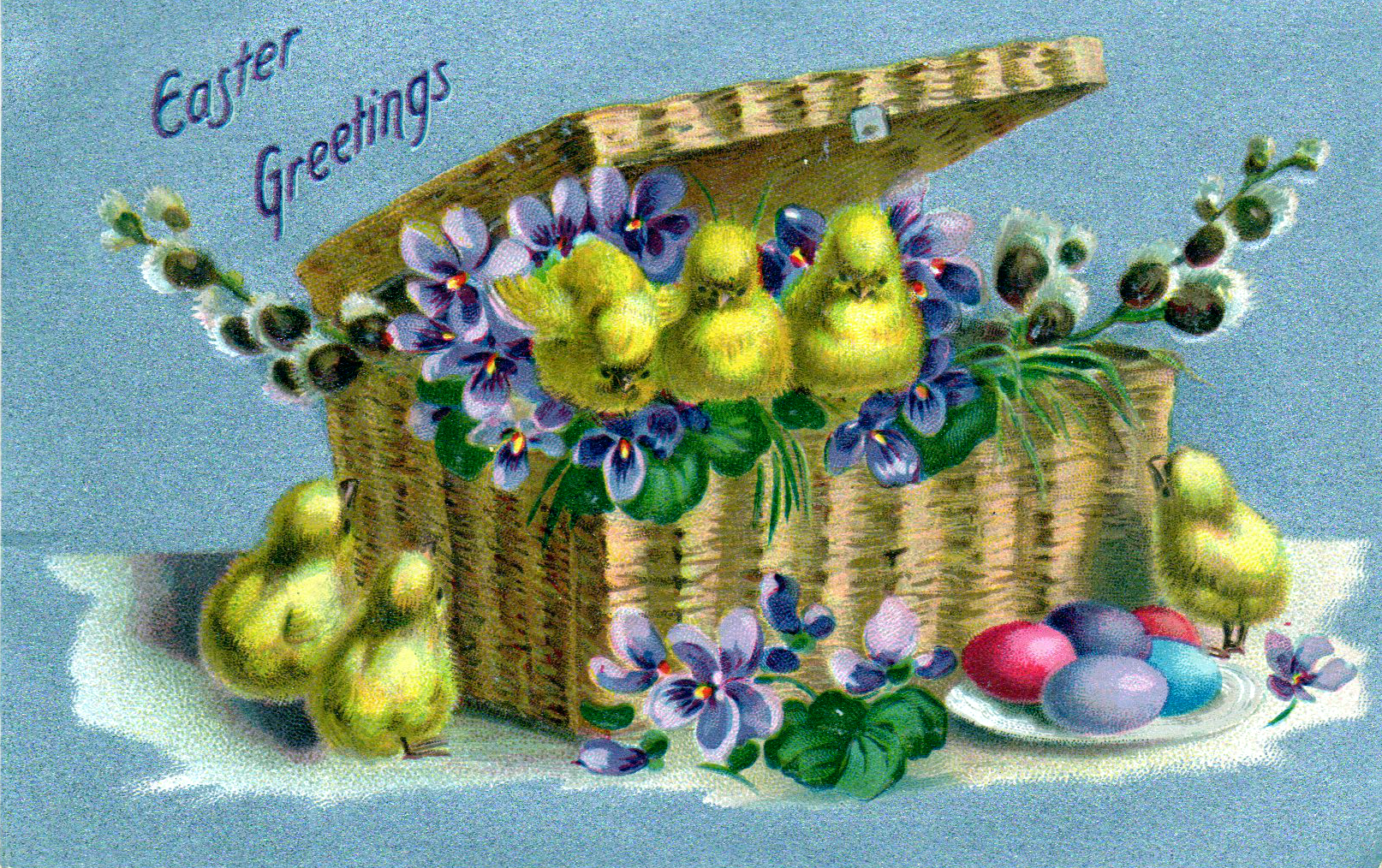 This is a free vintage illustration of Easter chicks and basket from an antique Easter postcard