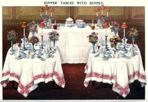A vintage illustration of an elegant buffet setting from Mrs. Beeton's 1907 publication.