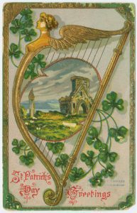 antique st patricks day illustration with harp