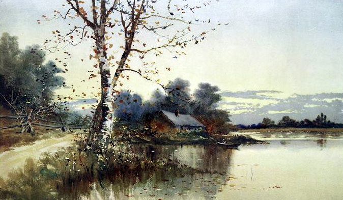 House on a Lake in Autumn - 19th Century Fall Illustration