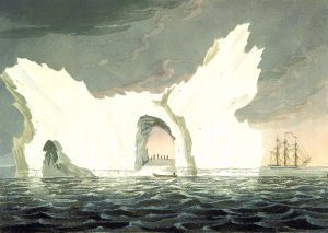 19th century arctic expedition with iceberg