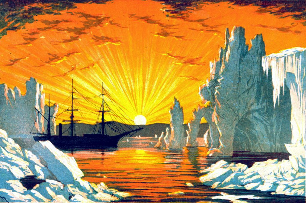 19th Century glacier and iceberg illustration with bright sunset. A free public domain image.