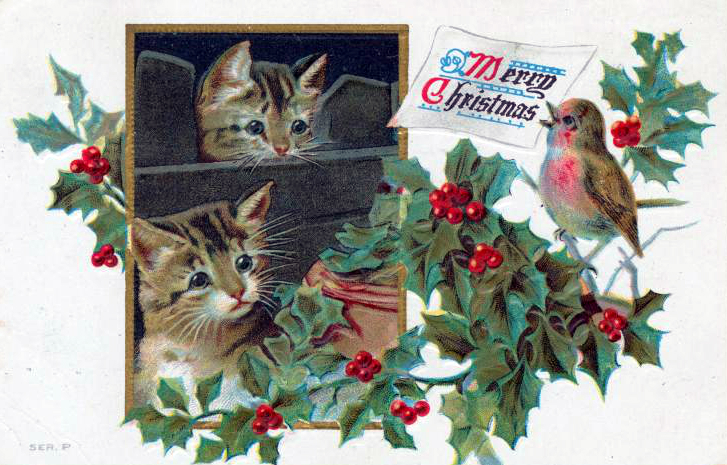 free vintage christmas cards with kittens and birds