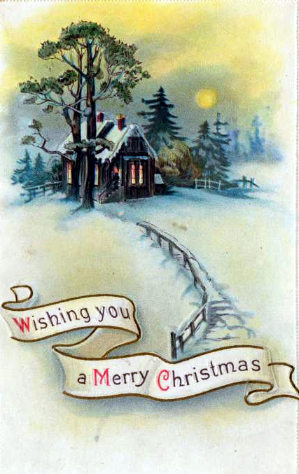 free vintage christmas cards with snowy cabin