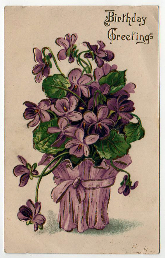 vintage birthday cards with purple flower basket - free to use