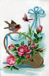 Free Valentine's Day pictures - 19th to 20th century illustration of birds, butterflies, and rose basket