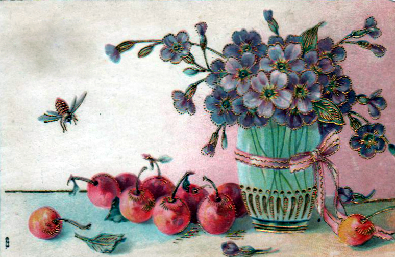 Free Valentine's Day pictures - flower vase and fruit illustration dating to the 19th to early 20th century