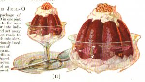 A yummy chocolate jello dessert illustration from a vintage jello cookbook.