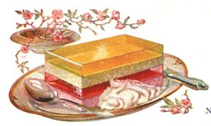 A beautiful illustration of a luscious Neapolitan jello dessert. From a vintage jello cookbook.
