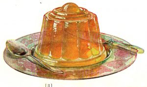 A vintage jello cookbook illustration of an orange gelatin mold