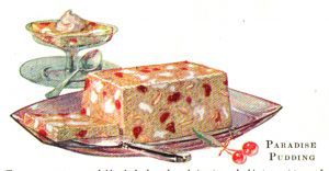 A vintage jello cookbook illustration of paradise pudding