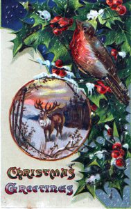 A free Christmas illustration from a vintage holiday greeting card, featuring a classic robin and reindeer. Dated to around the late 19th century to early 20th century.