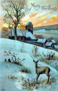 A free Christmas illustration of a deer with winter scenery. From a public domain holiday card from 1910!