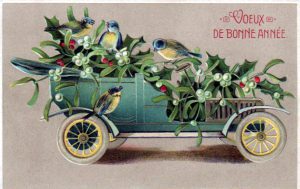 A free vintage Christmas illustration of a holiday car with berries and birds. From and early 20th century French greeting card.