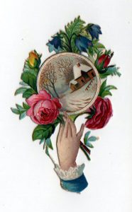 A free vintage Christmas illustration dated to the late 19th-century to turn of the century. Featuring a hand holding a winter bouquet and trinket.