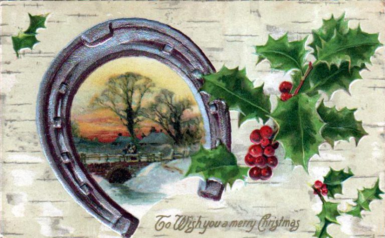 A free Christmas illustration from a vintage holiday postcard featuring a horseshoe, winter scene, and holly dates to the early 20th-century.
