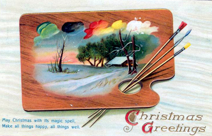 A totally unique turn-of-the-century FREE Christmas illustration featuring a paint palette illustration and brushes.