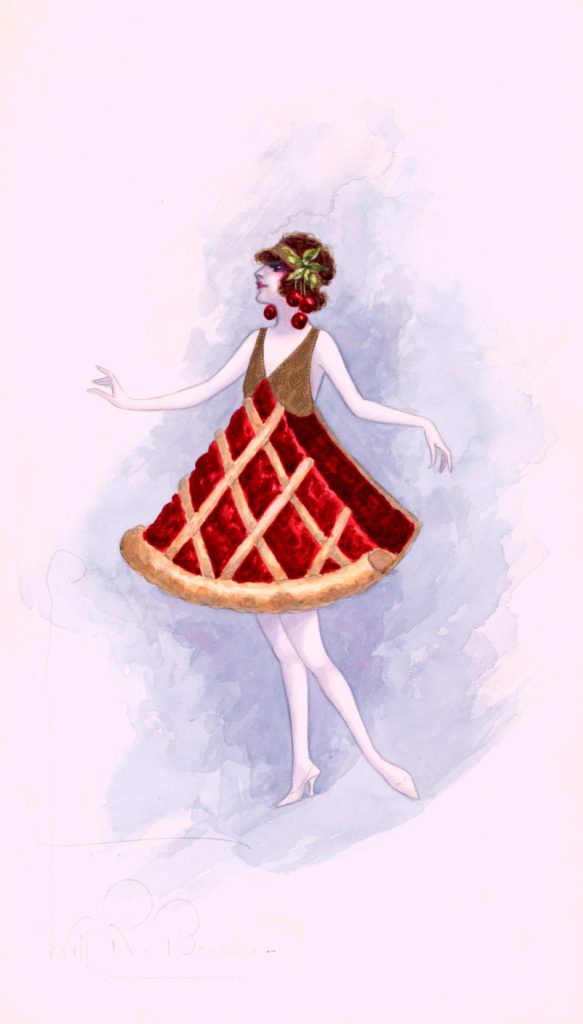 Public domain illustration of a woman in a cherry pie costume.