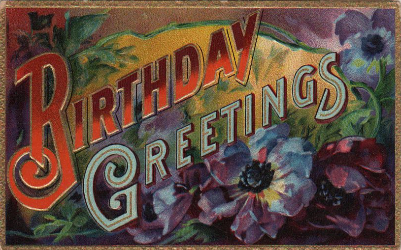 Vintage birthday card with colorful flowers in public domain.