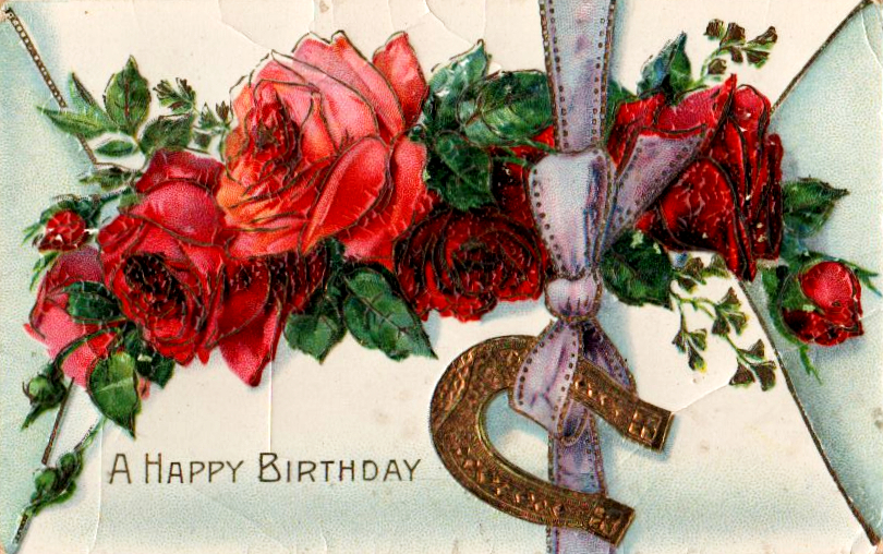Vintage birthday card with roses and horseshoe in public domain.