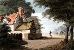 Free vintage landscape of an English cottage, public domain.