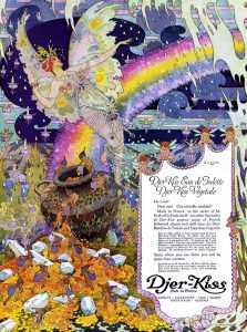 From the Djer-Kiss cosmetics campaign, this is an advertisment for perfumed water to bathe the face and hands. In sublime color, this art nouveau advertisement shows us a hovering fairy, as well as baby fairies and floating flowers, suspended in front of a rainbow and above a busy scene of elves bringing gold and crystals.