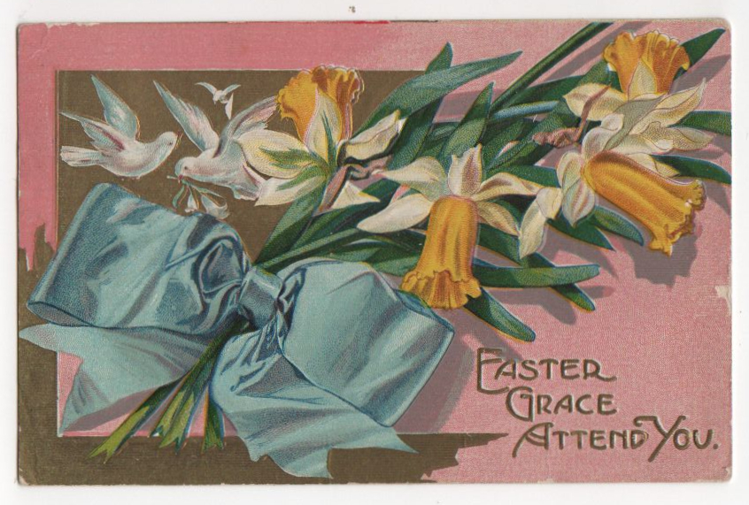 Vintage pink easter greeting with bouquet public domain