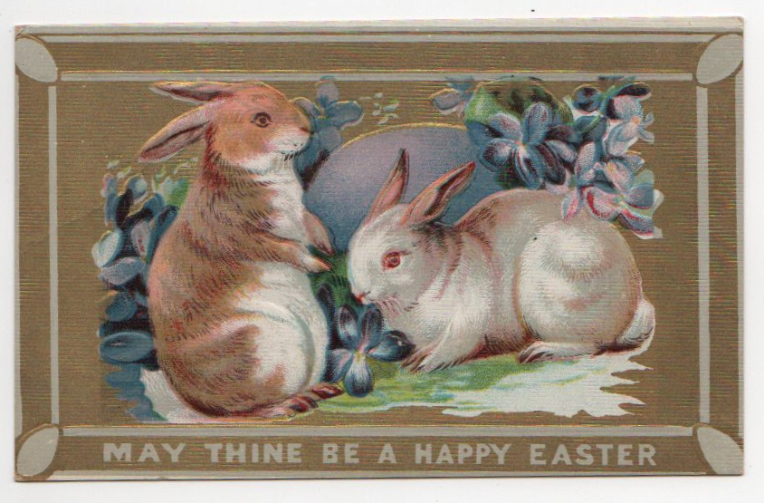 public domain vintage easter greeting with two rabbits