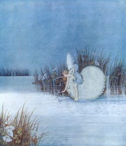 A Fairy sitting above a stretch of water. Butterflies hovering nearby