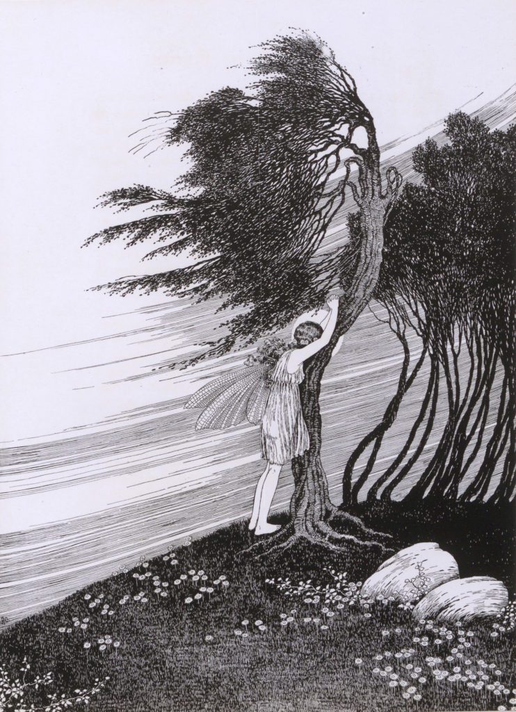 A Fairy crying against a windswept tree