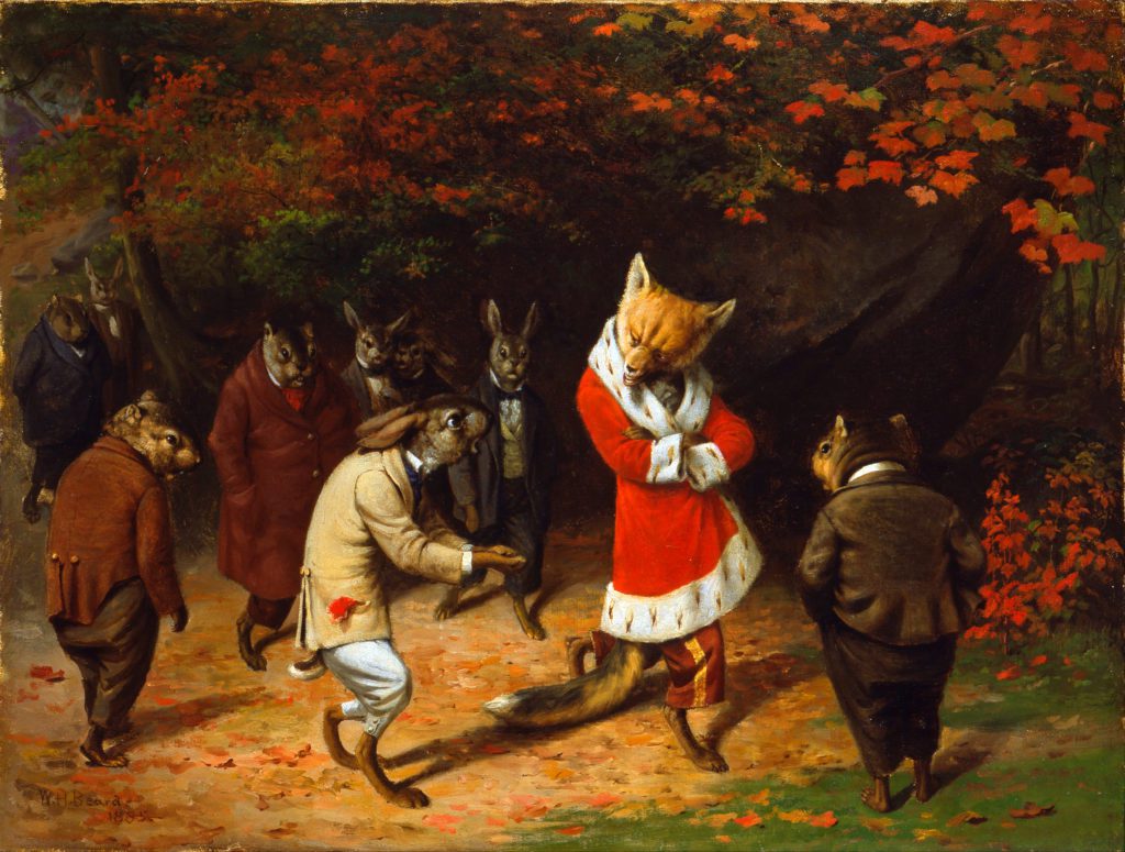 A Fox in a Red robe, surrounded by Rabbits and Squirrels in suits