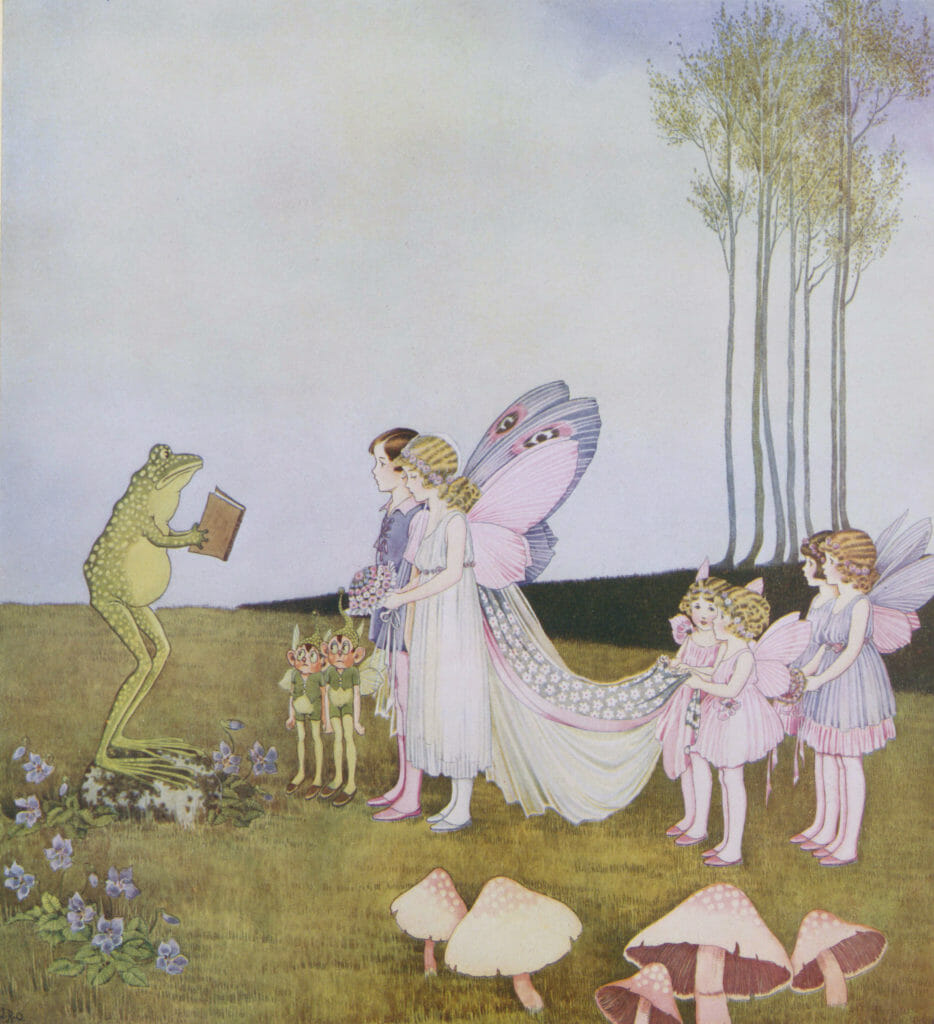 Vintage illustration of a fairy wedding. A frog celebrant reading from a book. 4 flower girls behind the bride and 2 elf groomsmen next to the fairy groom.