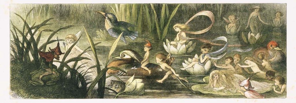 A bunch of fairies floating down the stream on lillies